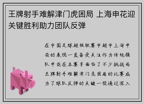 王牌射手难解津门虎困局 上海申花迎关键胜利助力团队反弹