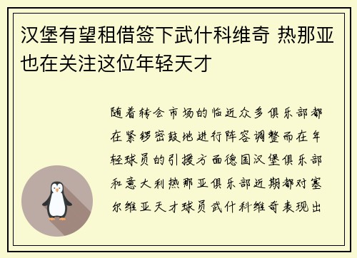 汉堡有望租借签下武什科维奇 热那亚也在关注这位年轻天才