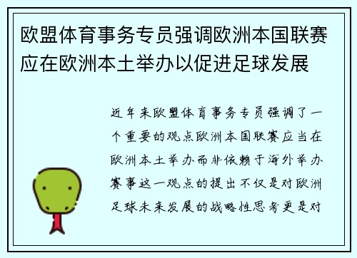 欧盟体育事务专员强调欧洲本国联赛应在欧洲本土举办以促进足球发展