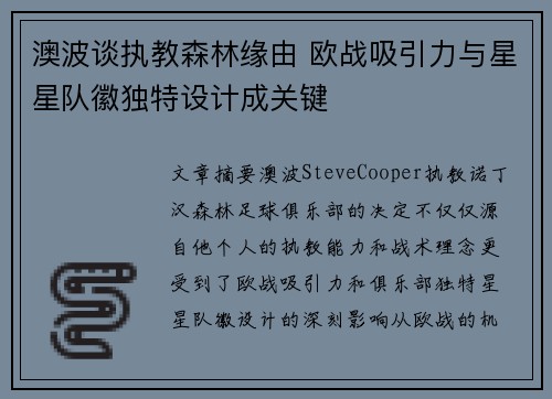澳波谈执教森林缘由 欧战吸引力与星星队徽独特设计成关键